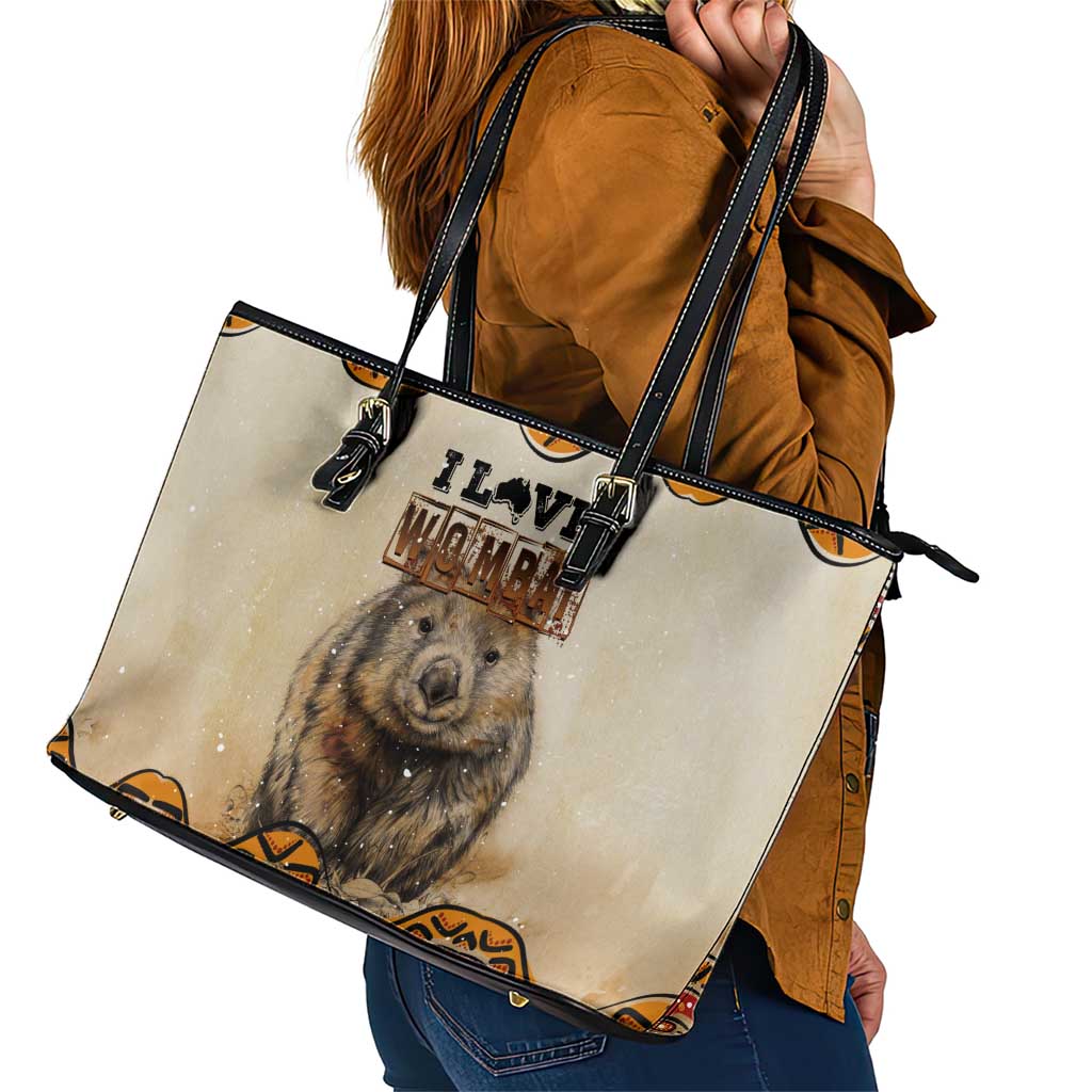 I Love Wombat Leather Tote Bag Australian Aboriginal Art