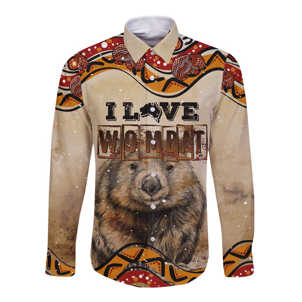 I Love Wombat Long Sleeve Button Shirt Australian Aboriginal Art