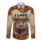 I Love Wombat Long Sleeve Button Shirt Australian Aboriginal Art