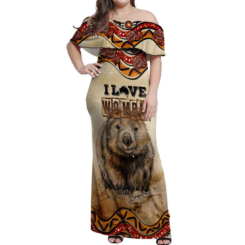 I Love Wombat Off Shoulder Maxi Dress Australian Aboriginal Art