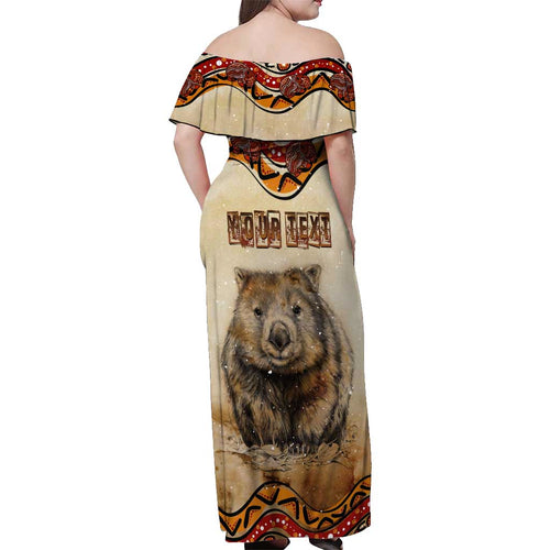 I Love Wombat Off Shoulder Maxi Dress Australian Aboriginal Art