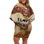 I Love Wombat Off Shoulder Short Dress Australian Aboriginal Art