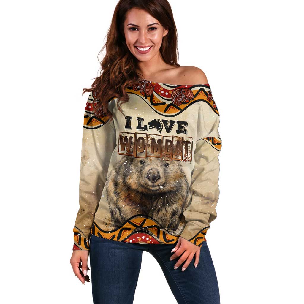 I Love Wombat Off Shoulder Sweater Australian Aboriginal Art