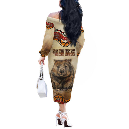 I Love Wombat Off The Shoulder Long Sleeve Dress Australian Aboriginal Art