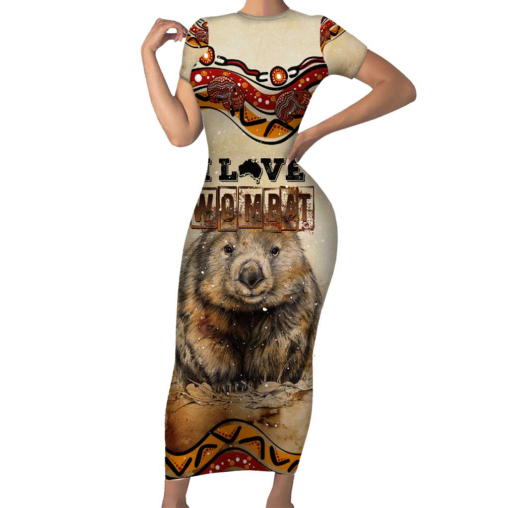 I Love Wombat Short Sleeve Bodycon Dress Australian Aboriginal Art