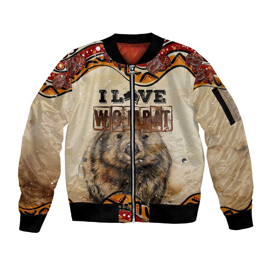 I Love Wombat Sleeve Zip Bomber Jacket Australian Aboriginal Art