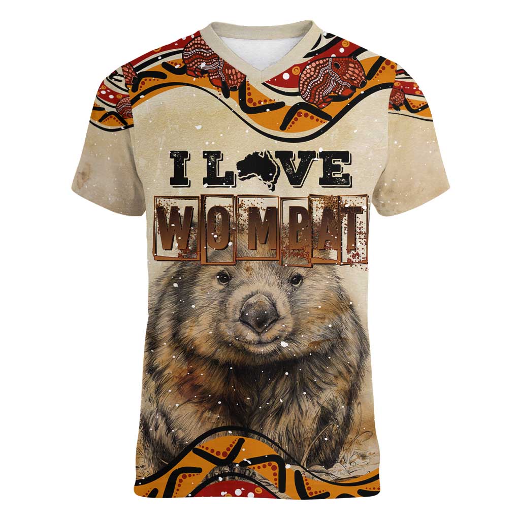 I Love Wombat Women V-Neck T-Shirt Australian Aboriginal Art
