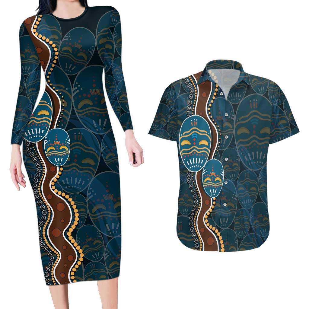Aboriginal Masks Art Couples Matching Long Sleeve Bodycon Dress and Hawaiian Shirt Australian Indigenous