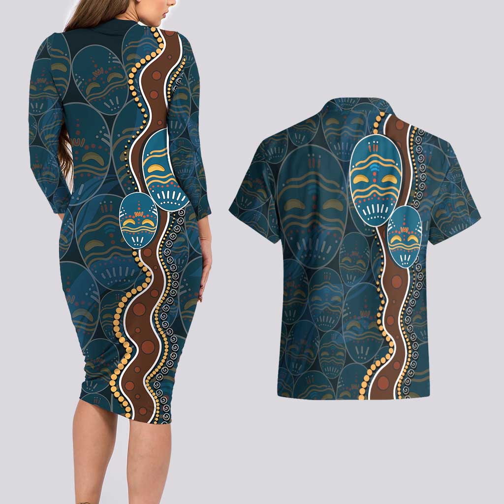 Aboriginal Masks Art Couples Matching Long Sleeve Bodycon Dress and Hawaiian Shirt Australian Indigenous