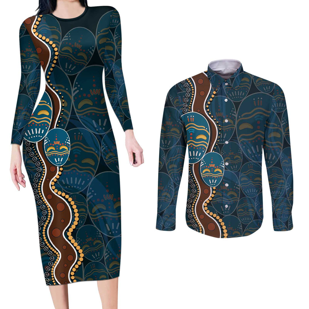 Aboriginal Masks Art Couples Matching Long Sleeve Bodycon Dress and Long Sleeve Button Shirt Australian Indigenous