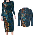 Aboriginal Masks Art Couples Matching Long Sleeve Bodycon Dress and Long Sleeve Button Shirt Australian Indigenous