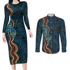 Aboriginal Masks Art Couples Matching Long Sleeve Bodycon Dress and Long Sleeve Button Shirt Australian Indigenous