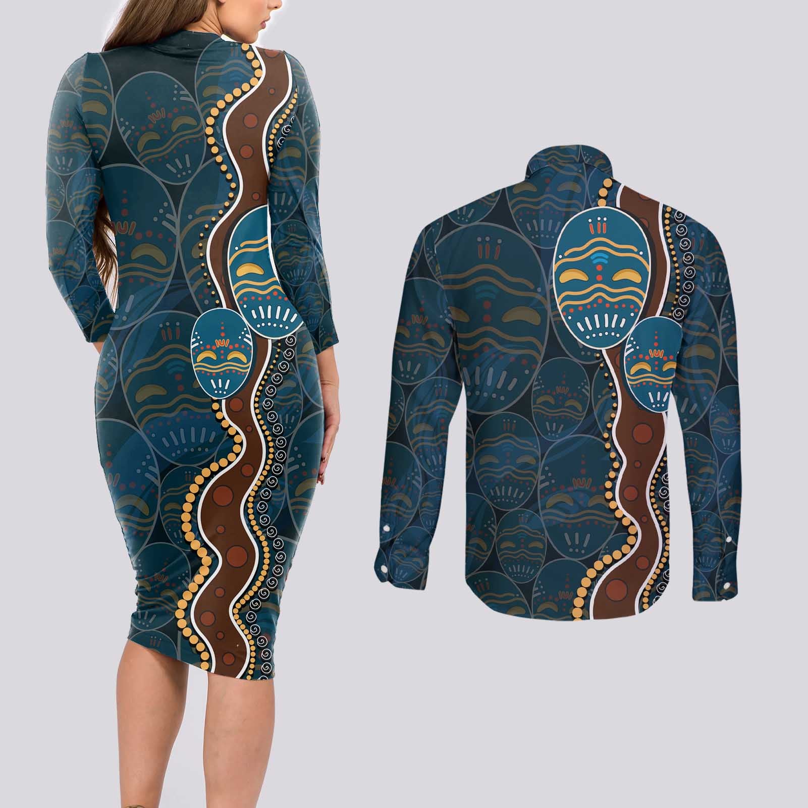 Aboriginal Masks Art Couples Matching Long Sleeve Bodycon Dress and Long Sleeve Button Shirt Australian Indigenous