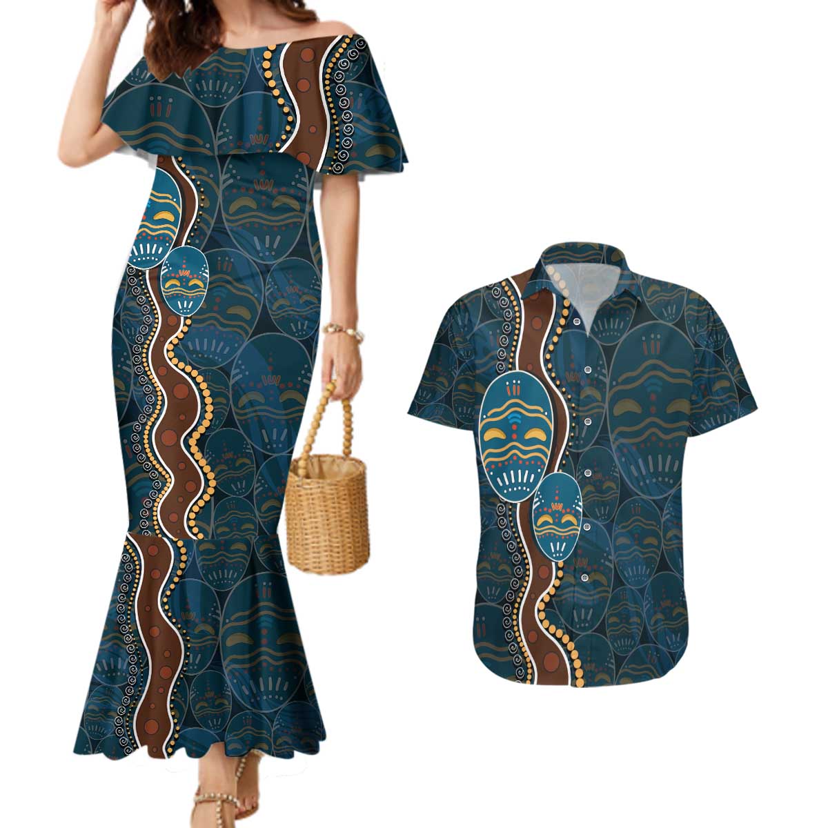 Aboriginal Masks Art Couples Matching Mermaid Dress and Hawaiian Shirt Australian Indigenous