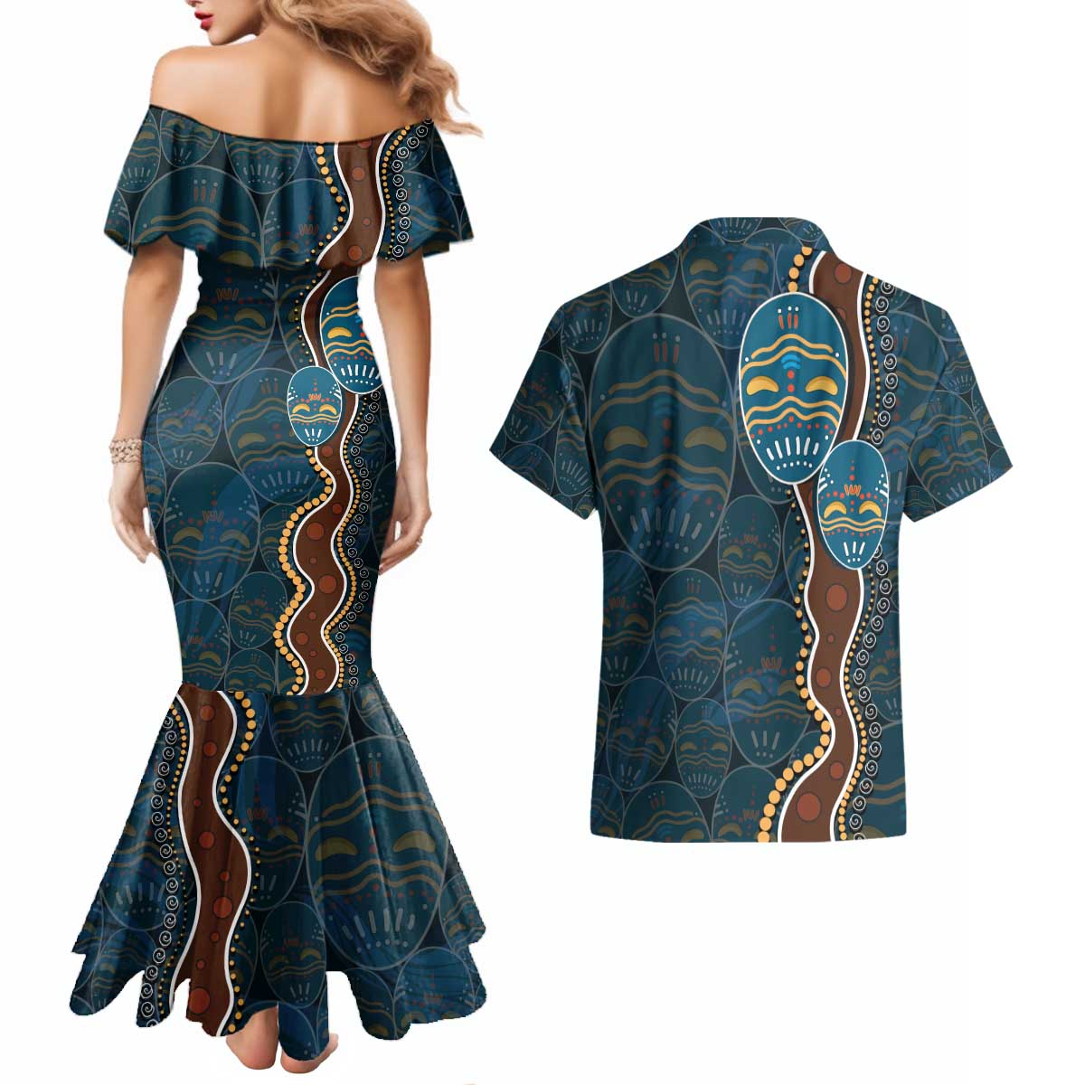 Aboriginal Masks Art Couples Matching Mermaid Dress and Hawaiian Shirt Australian Indigenous