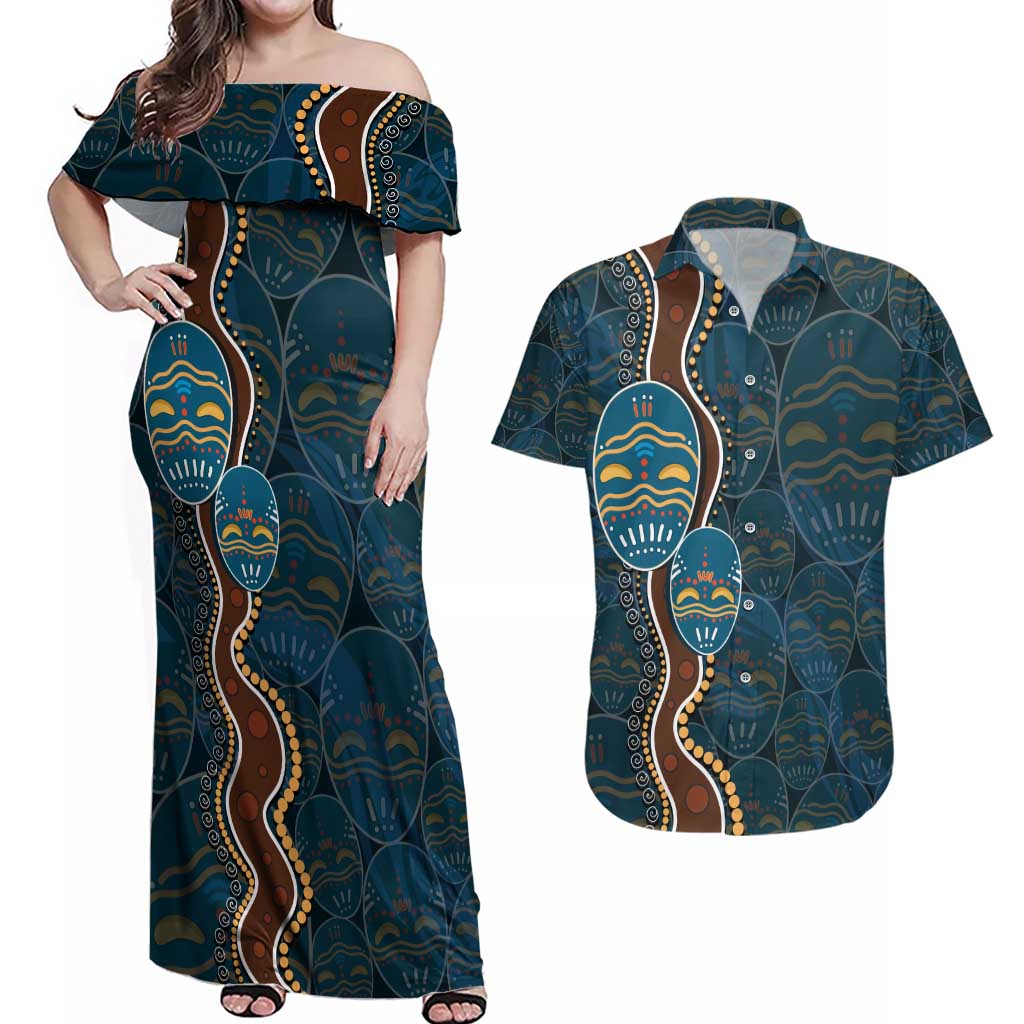 Aboriginal Masks Art Couples Matching Off Shoulder Maxi Dress and Hawaiian Shirt Australian Indigenous