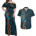 Aboriginal Masks Art Couples Matching Off Shoulder Maxi Dress and Hawaiian Shirt Australian Indigenous