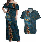 Aboriginal Masks Art Couples Matching Off Shoulder Maxi Dress and Hawaiian Shirt Australian Indigenous