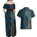 Aboriginal Masks Art Couples Matching Off Shoulder Maxi Dress and Hawaiian Shirt Australian Indigenous