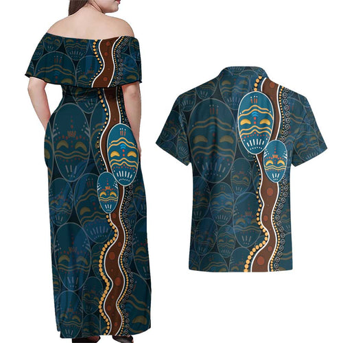 Aboriginal Masks Art Couples Matching Off Shoulder Maxi Dress and Hawaiian Shirt Australian Indigenous