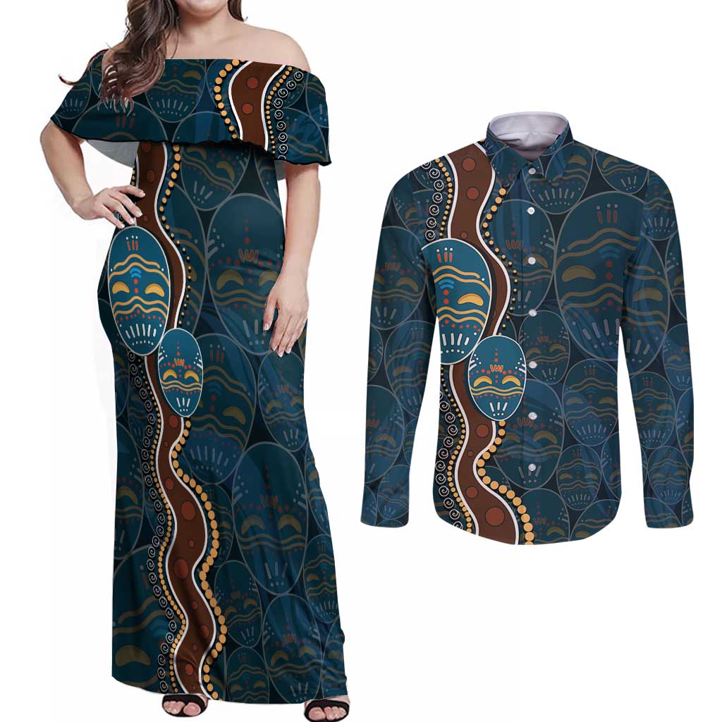 Aboriginal Masks Art Couples Matching Off Shoulder Maxi Dress and Long Sleeve Button Shirt Australian Indigenous
