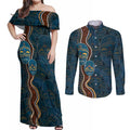Aboriginal Masks Art Couples Matching Off Shoulder Maxi Dress and Long Sleeve Button Shirt Australian Indigenous