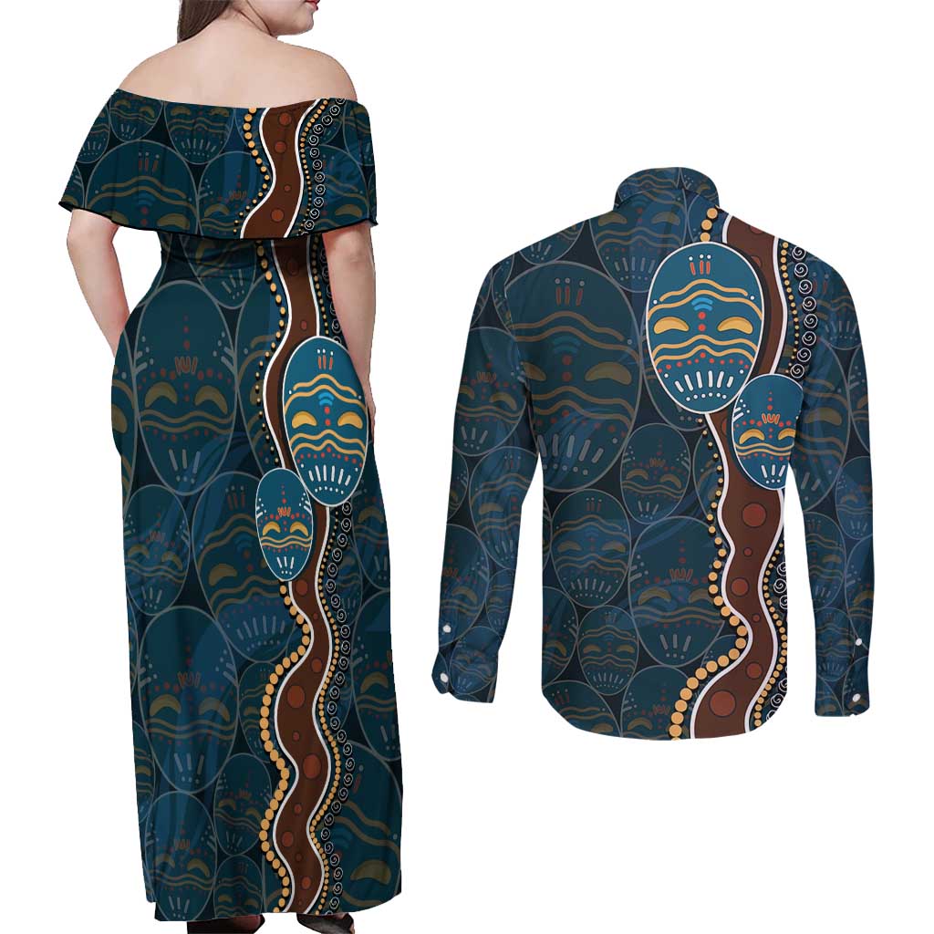 Aboriginal Masks Art Couples Matching Off Shoulder Maxi Dress and Long Sleeve Button Shirt Australian Indigenous