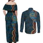 Aboriginal Masks Art Couples Matching Off Shoulder Maxi Dress and Long Sleeve Button Shirt Australian Indigenous