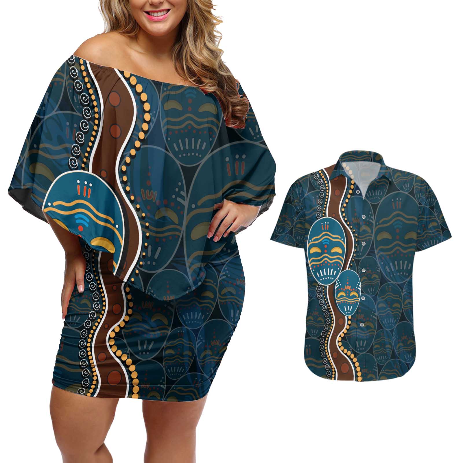 Aboriginal Masks Art Couples Matching Off Shoulder Short Dress and Hawaiian Shirt Australian Indigenous