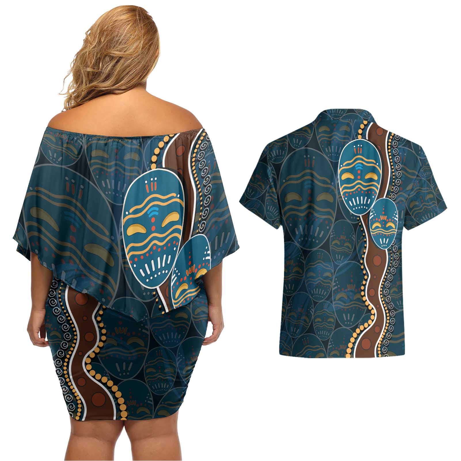 Aboriginal Masks Art Couples Matching Off Shoulder Short Dress and Hawaiian Shirt Australian Indigenous