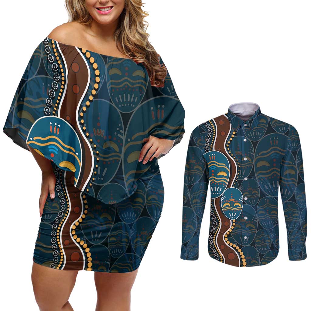 Aboriginal Masks Art Couples Matching Off Shoulder Short Dress and Long Sleeve Button Shirt Australian Indigenous