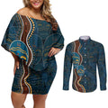 Aboriginal Masks Art Couples Matching Off Shoulder Short Dress and Long Sleeve Button Shirt Australian Indigenous