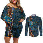 Aboriginal Masks Art Couples Matching Off Shoulder Short Dress and Long Sleeve Button Shirt Australian Indigenous