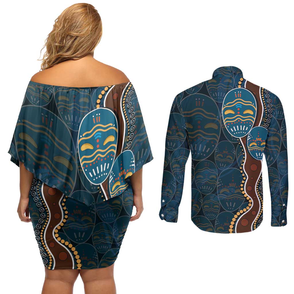 Aboriginal Masks Art Couples Matching Off Shoulder Short Dress and Long Sleeve Button Shirt Australian Indigenous