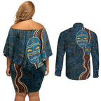 Aboriginal Masks Art Couples Matching Off Shoulder Short Dress and Long Sleeve Button Shirt Australian Indigenous