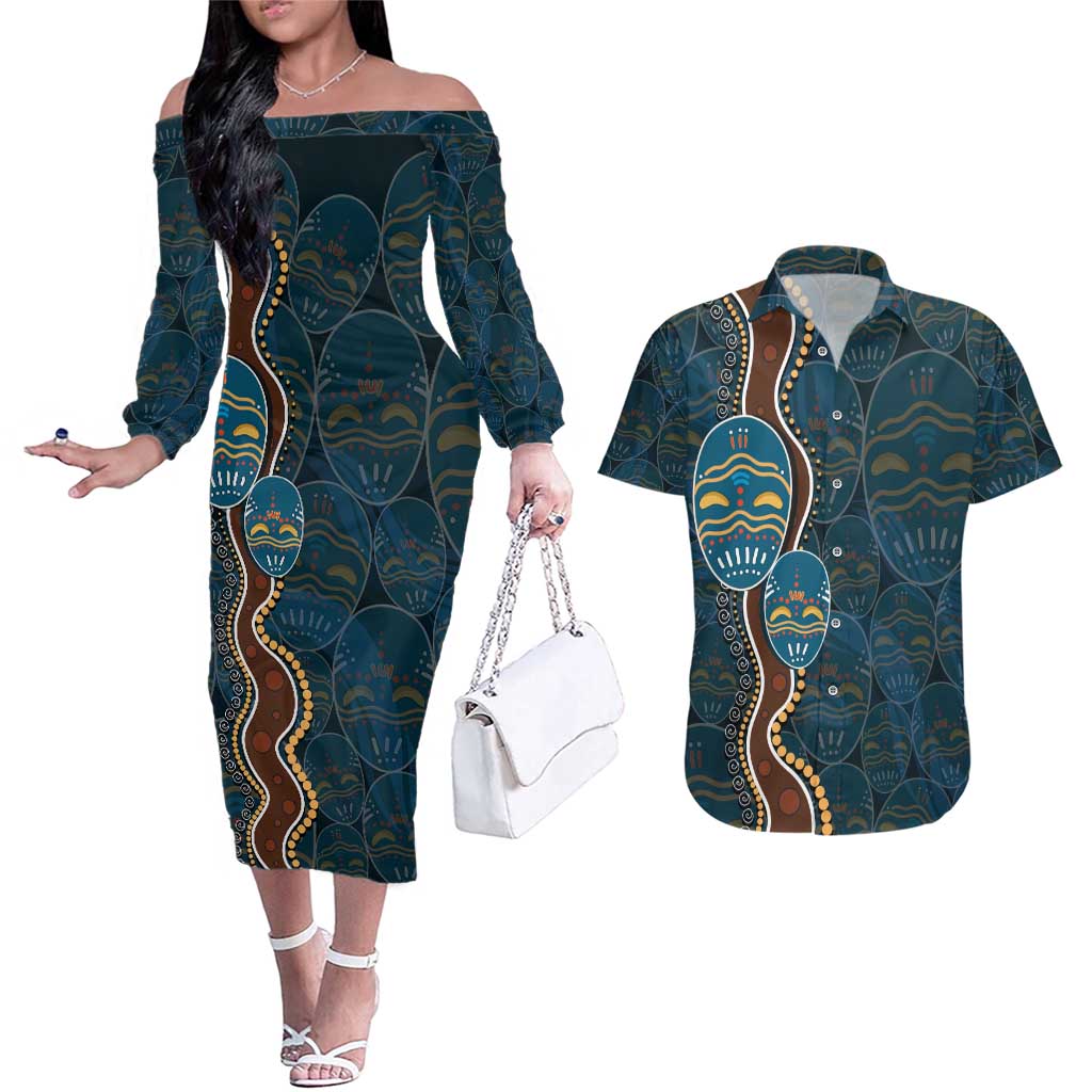 Aboriginal Masks Art Couples Matching Off The Shoulder Long Sleeve Dress and Hawaiian Shirt Australian Indigenous