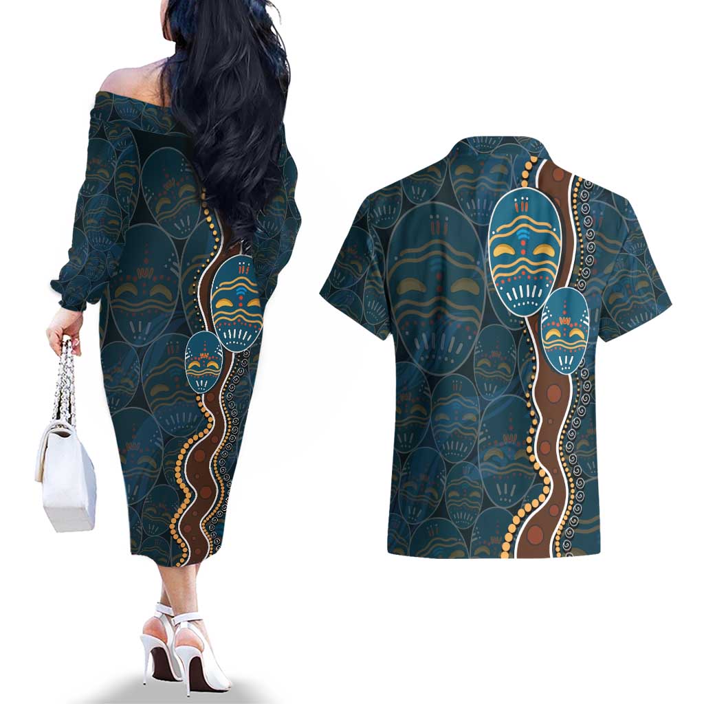 Aboriginal Masks Art Couples Matching Off The Shoulder Long Sleeve Dress and Hawaiian Shirt Australian Indigenous