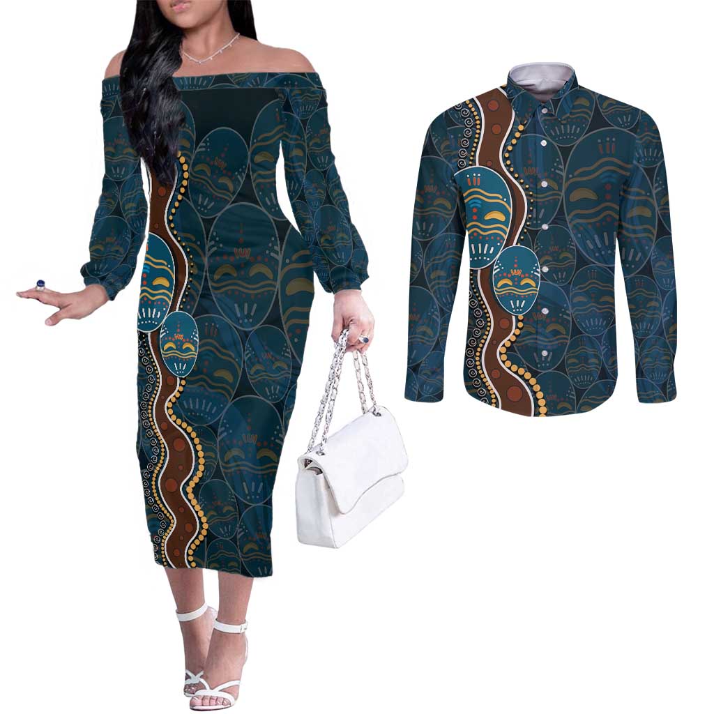Aboriginal Masks Art Couples Matching Off The Shoulder Long Sleeve Dress and Long Sleeve Button Shirt Australian Indigenous