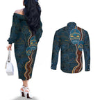 Aboriginal Masks Art Couples Matching Off The Shoulder Long Sleeve Dress and Long Sleeve Button Shirt Australian Indigenous
