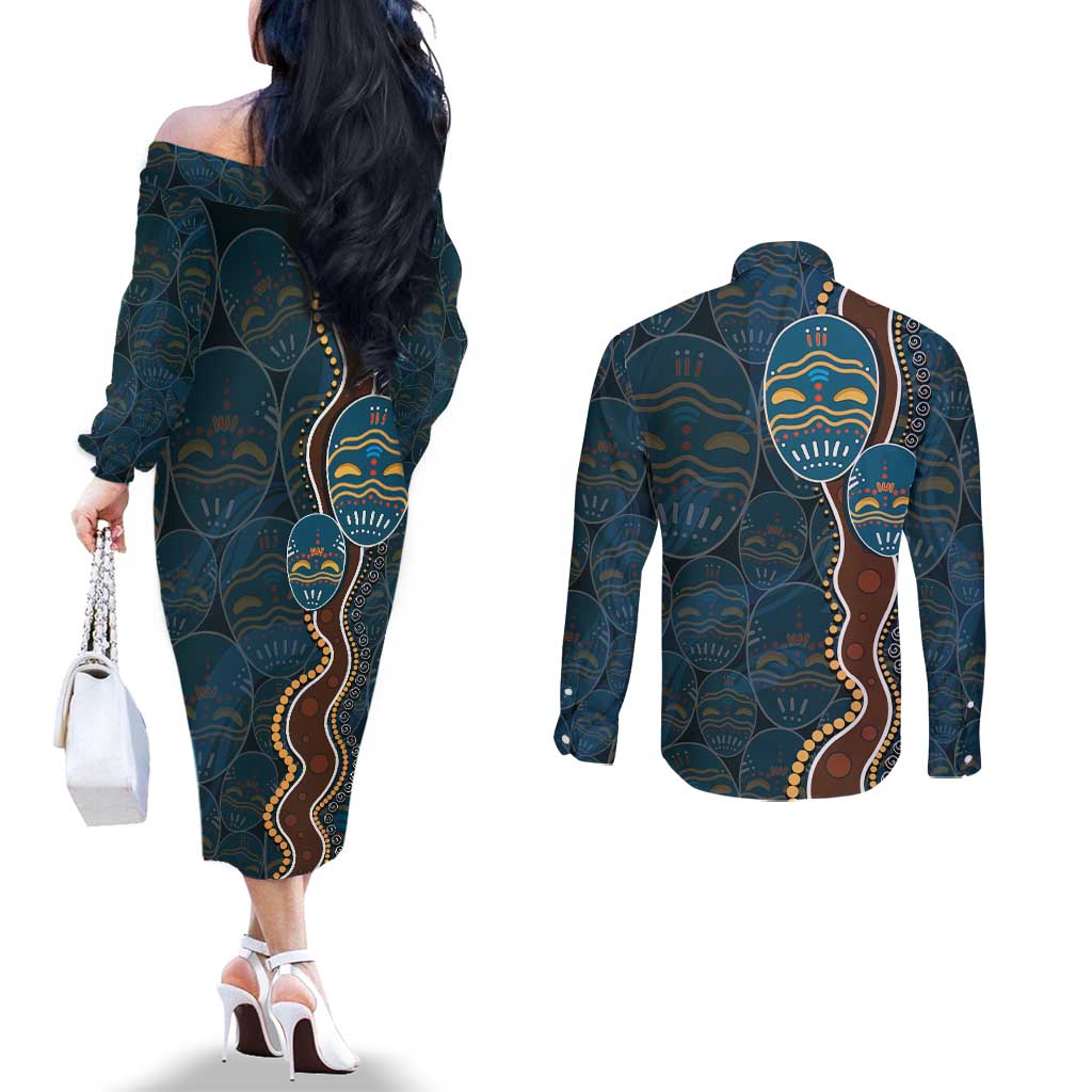 Aboriginal Masks Art Couples Matching Off The Shoulder Long Sleeve Dress and Long Sleeve Button Shirt Australian Indigenous