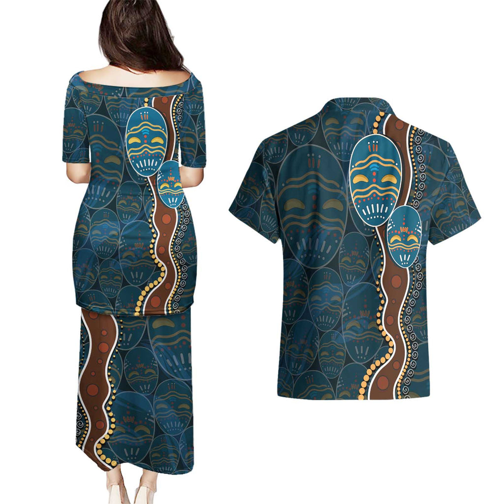 Aboriginal Masks Art Couples Matching Puletasi and Hawaiian Shirt Australian Indigenous
