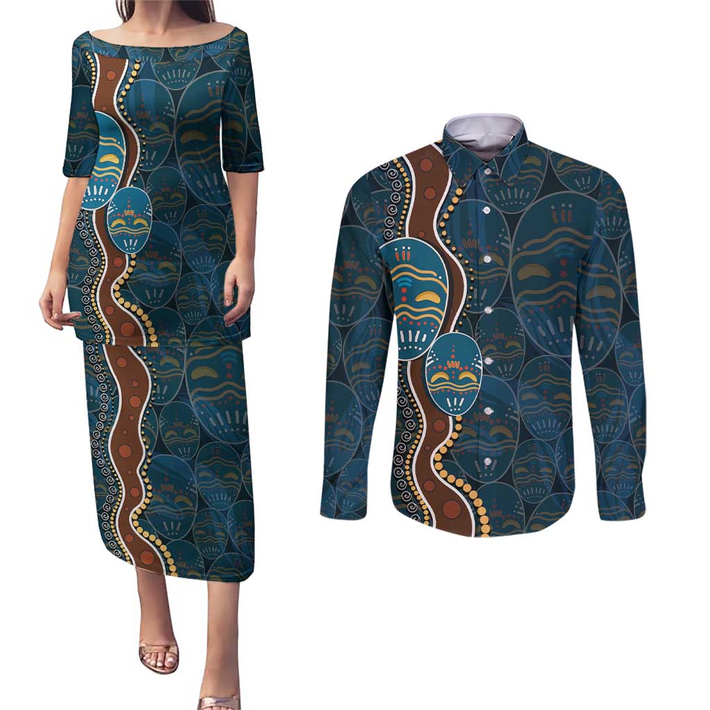 Aboriginal Masks Art Couples Matching Puletasi and Long Sleeve Button Shirt Australian Indigenous