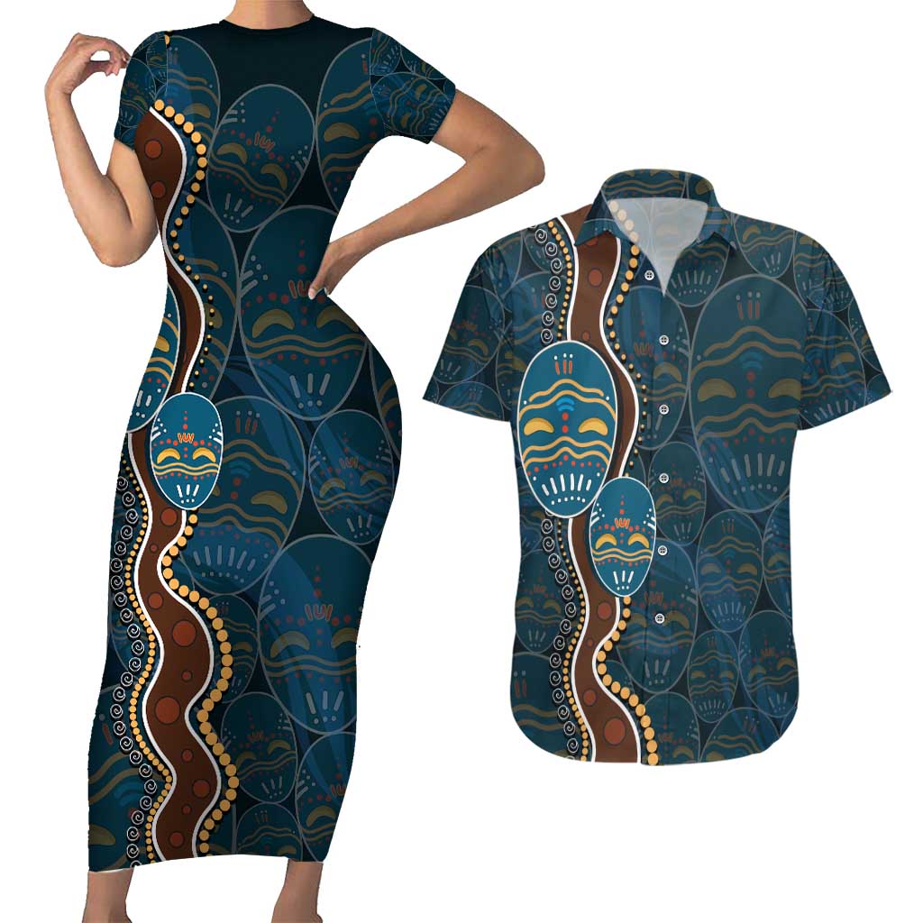 Aboriginal Masks Art Couples Matching Short Sleeve Bodycon Dress and Hawaiian Shirt Australian Indigenous