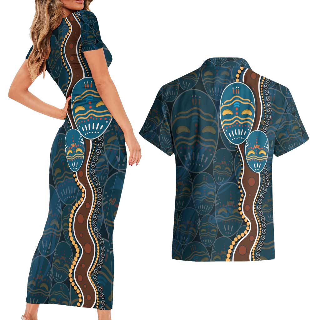Aboriginal Masks Art Couples Matching Short Sleeve Bodycon Dress and Hawaiian Shirt Australian Indigenous