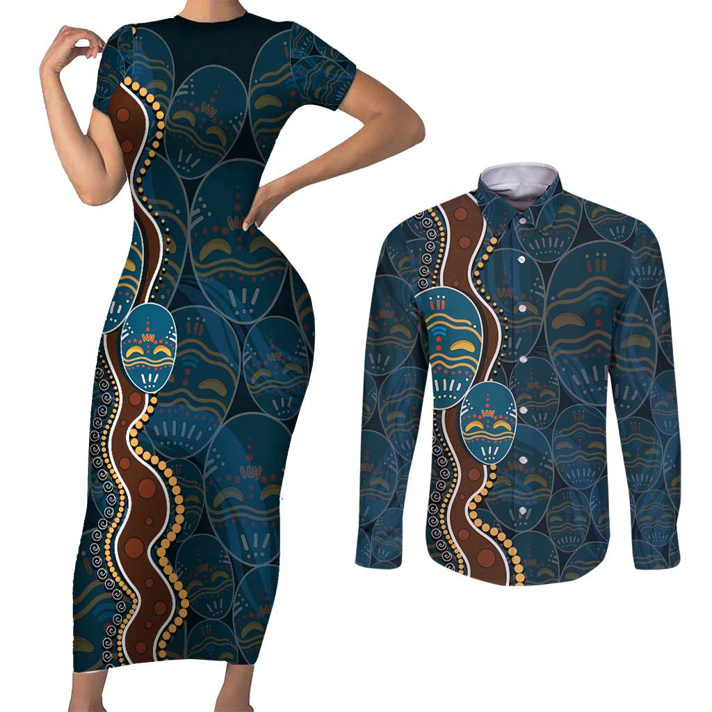 Aboriginal Masks Art Couples Matching Short Sleeve Bodycon Dress and Long Sleeve Button Shirt Australian Indigenous
