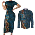Aboriginal Masks Art Couples Matching Short Sleeve Bodycon Dress and Long Sleeve Button Shirt Australian Indigenous
