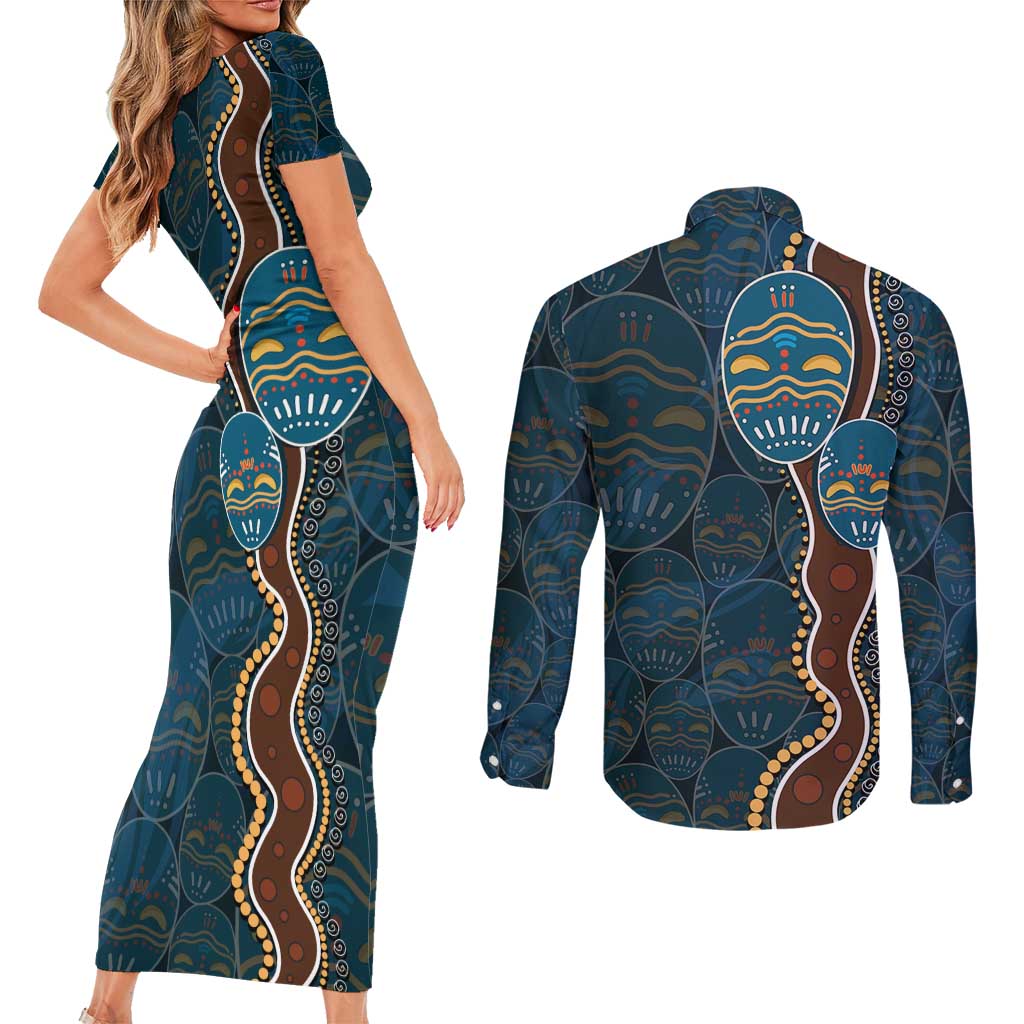 Aboriginal Masks Art Couples Matching Short Sleeve Bodycon Dress and Long Sleeve Button Shirt Australian Indigenous