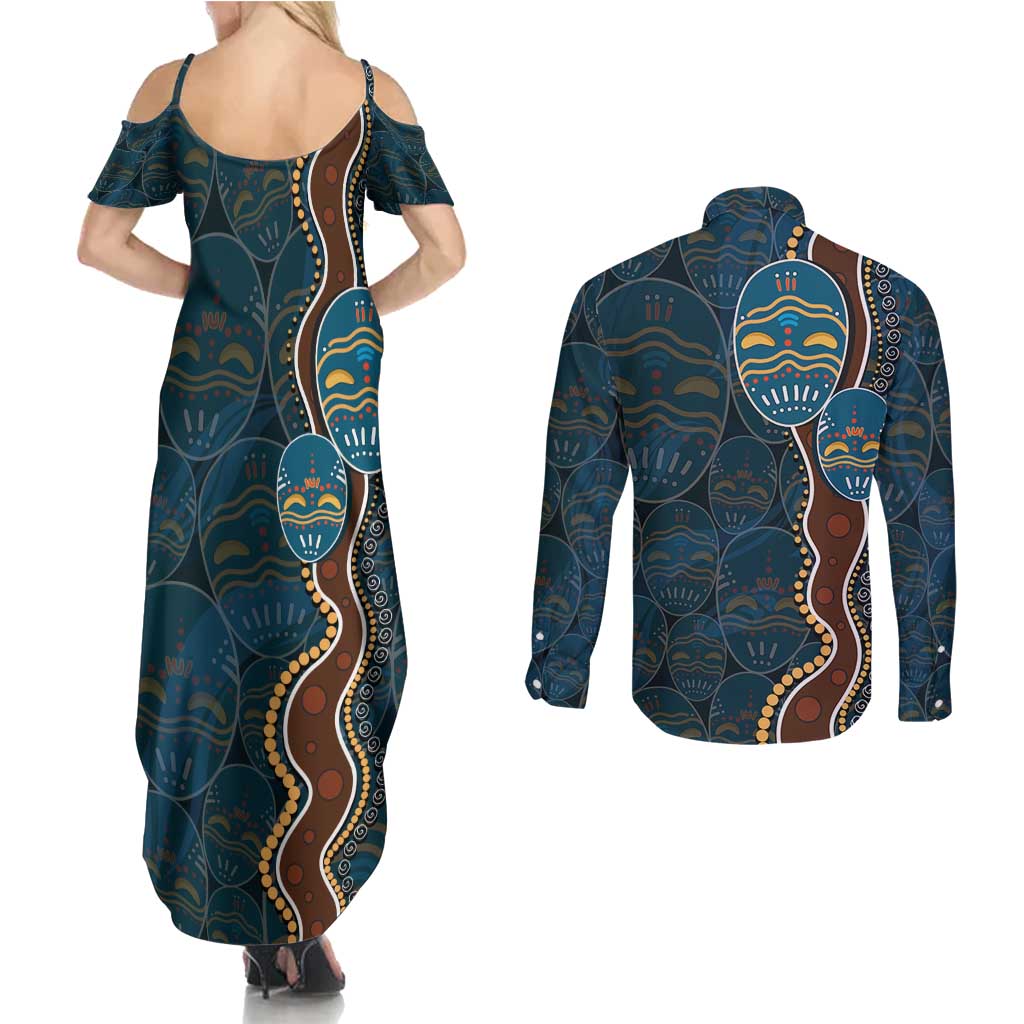 Aboriginal Masks Art Couples Matching Summer Maxi Dress and Long Sleeve Button Shirt Australian Indigenous