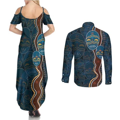Aboriginal Masks Art Couples Matching Summer Maxi Dress and Long Sleeve Button Shirt Australian Indigenous