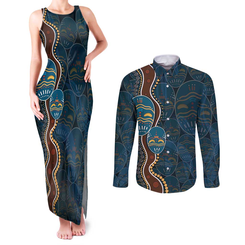 Aboriginal Masks Art Couples Matching Tank Maxi Dress and Long Sleeve Button Shirt Australian Indigenous